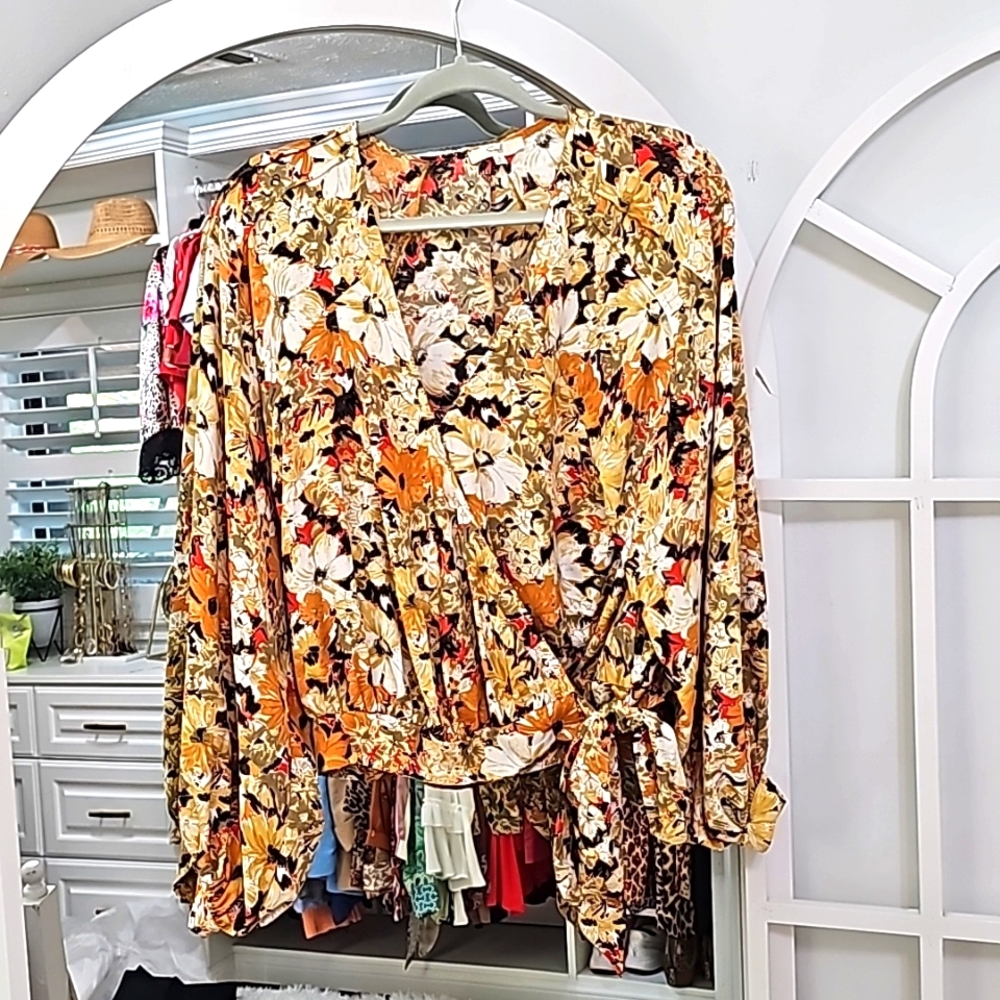 Long sleeve wrap front Blouse. Beautiful Fall colors.